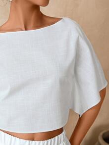 Vesra Blusa de mujer de cuello redondo y manga corta para verano - Blanco - Ver 5