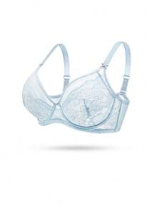 LUVLETTE Plus Woman Blue Lingerie Full Coverage Side Support&Breathable Underwire Sexy Unlined Lace & Mesh Sheer Minimizer Bra - Blue - View 10