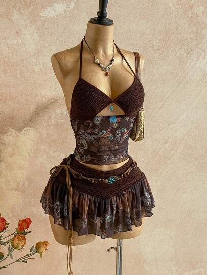 Soleia Women's Vacation Cashew Print Hollow Design Sexy Halter Neck Tank Top And Mini Skirt Set