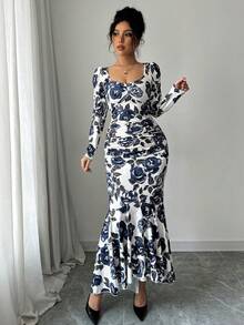 Modelyn Women's Full Bloom Floral Print Mermaid Dress Maxi Women Outfit Long Evening Dresses - Blue - View 3