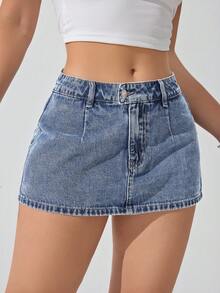 SHEIN ICON Falda vaquera minimalista y casual de unicolor para mujer - Neblina azul - Ver 6