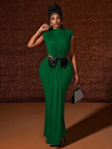 Maweii Plus Size Women Dark Green Summer Elegant Formal Sleeveless Ruched Shoulder Exaggerated 3D Bow Decor Party Christmas Birthday Cocktail Dress - Multicolor - View 6
