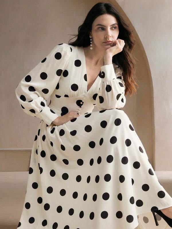 Anewsta Elegante vestido de manga larga con cuello en V, cintura ceñida y mangas farol con lunares, que estiliza y favorece, adecuado para primavera a verano, vestidos elegantes para fiestas, atuendos casuales de vacaciones para mujeres