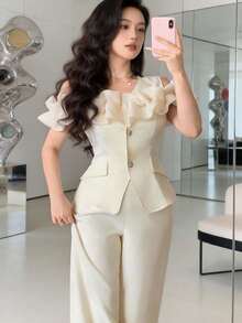 Feyla Women's Solid Color Ruffle Trim Top And Pants Suit - White - View 8
