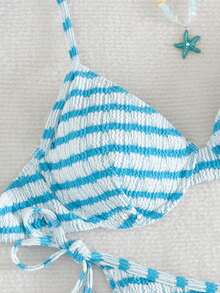 Swim Lushoire 2pcs/Set Textured Fabric Beach Vacation Women Swimsuit Set, Spring/Summer - Blue - View 5