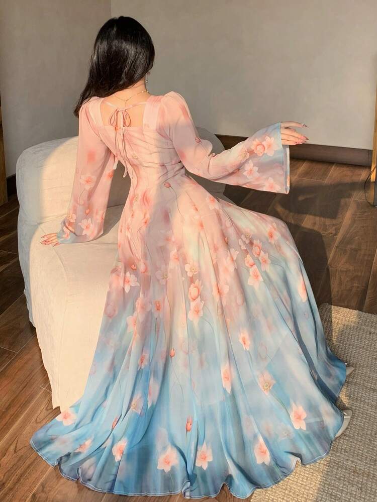 Spring&Summer Blush Pink Ditsy Floral Gradient Dip-Dye Maxi Dress,Puff Sleeve,Square Neck,Elegant Wedding Ninang,Autumn,Formal Party,Fashion Sundress