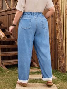 Plus Size Women Casual Comfortable Mid-Blue Printed Jeans - Medium Wash - View 2