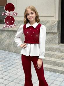 女童休闲衬衫套装，酒红色，蝴蝶结装饰，串珠，罗纹针织和梭织面料，长袖翻领荷叶边下摆衬衫搭配酒红色珍珠喇叭裤，2 件套，适合返校季，休闲、时尚、甜美、舒适的装扮 - 酒紅色 - 查看 4