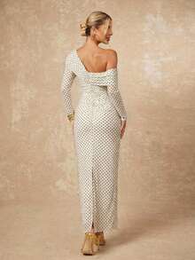 Lumalex 女士优雅性感酒红色不对称领交叉褶皱腰部开衩下摆长袖修身连衣裙，春夏款 - 杏色 - 查看 2