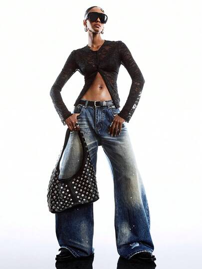 LYSMO Women's Solid Color Round Neck Raglan Sleeve Lace Fitted Fashionable Sexy Blouse