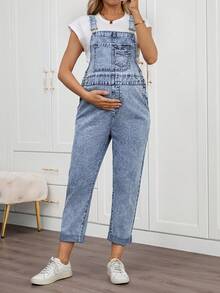 SHEIN Maternity Light Blue Casual Summer Sleeveless Versatile Denim Jumpsuit Spring To Summer Carnival Costume Commuting Vacation Graduation Chic Y2k Cute Streetwear Coquette Party Wedding Elegant Business Casual Woman Womens Casual Light Blue Wash Denim Overalls Loose Fit Adjustable Straps Jumpsuit With Pockets - Blue - View 6