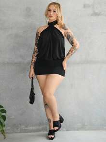 Arliah High Neck Backless Ruffle Mini Bodycon Dress - Black - View 1