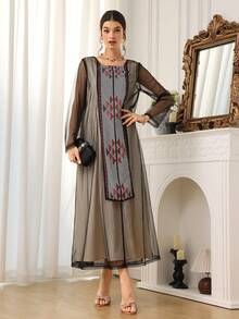 Al Najma 女士几何图案网纱休闲派对阿拉伯风格连衣裙 - 彩色 - 查看 4