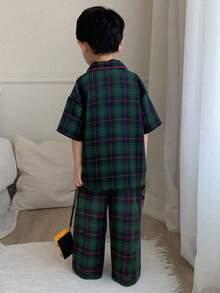 Dazy Kids 男童格子印花撞色滚边翻领短袖衬衫和裤子睡衣套装，春夏秋季 - 墨綠色 - 查看 6