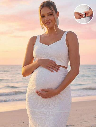 Loomaby Elegant Maternity Sleeveless Top With Jacquard Sweetheart Neckline And Adjustable Waist Fishtail Hem Skirt 2 Pieces Set, Summer,Gender Reveal Dress,Maternity Dress, Baby Shower Dress