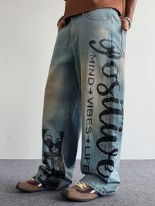 PAVTROS Quần jeans nam dáng casual, in chữ, chất liệu denim mài, có túi xéo. - Rửa nhẹ - Xem 4