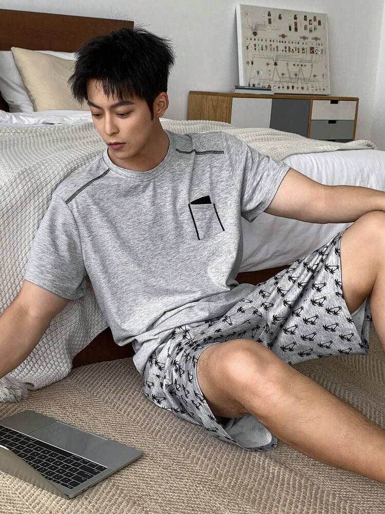 Men's Summer Short Sleeve Shirt And Shorts Pajama Set