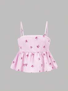 Firerie Kids 少女休闲度假粉白条纹蝴蝶结吊带背心和直筒裤套装 - 粉色 - 查看 4