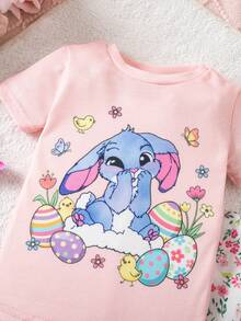 SHEIN Babygirl Summer Cute Cartoon Print Knit Tight Top And Floral Pants Pajama Set - Pink - View 5
