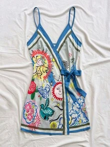 Soleia Women's Vacation Sun Face Print Tie Waist Cami Mini Dress - Multicolor - View 6