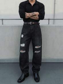 Manfinity VCAY Quần jeans nam ống rộng, rách, dáng suông, đa năng, màu đen, rách rưới, quần jeans rộng thùng thình, quần jeans nam, quần jeans rách cho nam. - màu đen - Xem 6