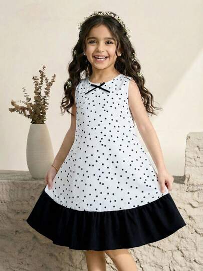 SHEIN Vestido sin mangas con estampado de lunares negros y decoración de lazo para niña, nuevo para el verano