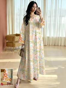 SHEIN Najma Đầm maxi dài tay họa tiết hoa dành cho nữ cỡ lớn, đầm maxi cổ chữ V họa tiết hoa, đầm dài thời trang kiểu Ả Rập thanh lịch, thích hợp cho mùa xuân/hè. - Nhiều màu - Xem 1