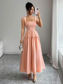 Elenzga 新款露背系带修身优雅性感百搭女式长裙 - 粉色 - 查看 6