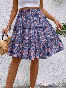 SHEIN LUNE Women's Floral Print Mini Skirt (Random Print) - Navy Blue - View 3