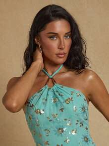 Glamine 女士橙色亮片性感度假派对无袖不对称下摆迷你吊带连衣裙 - 薄荷綠 - 查看 5