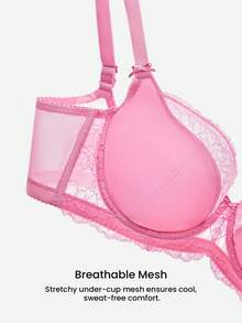 LUVLETTE Woman Lingerie Pink Full Coverage Support&Breathable Underwire Sexy Unlined Sheer Minimizer Lace Bra - Pink - View 7