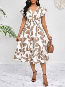 SHEIN Lady 女士休闲褶皱印花腰带中长连衣裙 - 彩色 - 查看 1