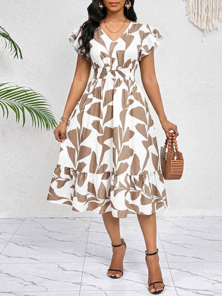 SHEIN Lady 女士休闲褶皱印花腰带中长连衣裙 - 彩色 - 查看 1