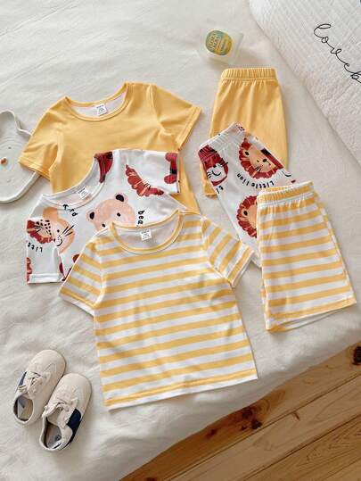Vintaside Kids Baby Boy 2pcs/Set Summer Casual Outfit: Round Neck Short Sleeve Top With Cute Animal Digital Print, Paired With Minimalist Shorts, Suitable For Leisure, Outing, Camping, Shopping
