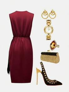 Franclia Women's New Sleeveless Wrap Waist Tie Ruched Bodycon Mini Dress - Burgundy - View 2