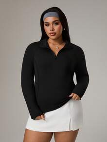 Rhythm Era Plus Size Women's Casual Minimalist Half-Zip Loose Fit Sweatshirt,Black Summer Athletic Midsize Gym Workout Top Zipper Front Long Sleeve Activewear - Black - View 6
