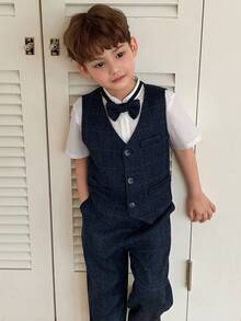 DAZY Young Boys Plaid Minimalist Design Front Button Daily Fashion Gentleman Suit - Navy Blue - View 8