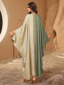 Al Najma Elegant Dubai/Turkish Style Batwing Sleeve Patchwork Jacquard Robe, Slimming - Green - View 2