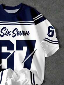 SHEIN EZwear 休闲简约圆领短袖宽松女式T恤，印有数字67图案 - 彩色 - 查看 4