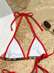 SHEIN Swim 女士撞色滚边三角迷彩挂脖比基尼上衣 - 紅色 - 查看 3