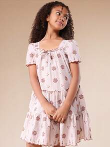 SUMWON Tween Girls Embroidered Floral Tiered Off Shoulder Dress With Scalloped Hem And Puff Sleeves Summer Vacation - Brown - View 3