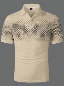 Manfinity Homme 男士米色夏季休閒幾何印花 Polo 衫，短袖四分之一排扣網眼鉤編高爾夫球衫，度假海灘夏威夷老錢風，正式 - 卡其色 - 查看 5