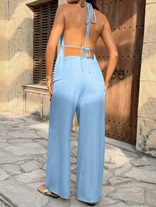 SHEIN 2pcs Maternity Vacation Outfit - Solid Color Ruffle Hem Halter Top And Adjustable Waist Pants, Casual Set Blue Two Piece Set Women Pants Two Piece Set Summer 2 Piece Sets Woman Comfortable Two Piece Set Baby Blue Two Piece - Blue - View 2