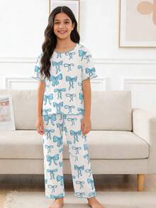 Genkimix Kids 一套少女睡衣，简约蓝色蝴蝶结印花短袖上衣和裤子休闲睡衣套装 - 杏色 - 查看 3