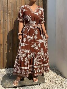 Dazy Plus Đầm maxi tay ngắn cổ chữ V phối màu tương phản cỡ lớn, đầm mùa hè phong cách boho, trang phục đi nghỉ mát cho nữ. - màu nâu - Xem 5