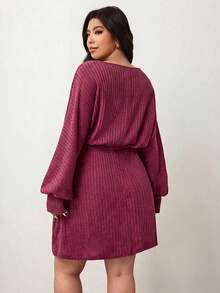 Enliva Plus Ribbed Knit Belted Dress,Autumn Clothes ,Winter Clothes ,Casual Dresses For Women ,Friendly To Round Body Curves - Red - View 3