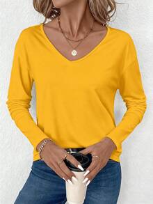 SHEIN LUNE 女士休闲纯色V领长袖T恤，适合秋冬季穿着。 - 黃色 - 查看 4