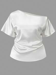 INAWLY Áo sơ mi nữ cỡ lớn thanh lịch, tay ngắn, vai lệch, kiểu dáng thường ngày. - trắng - Xem 1