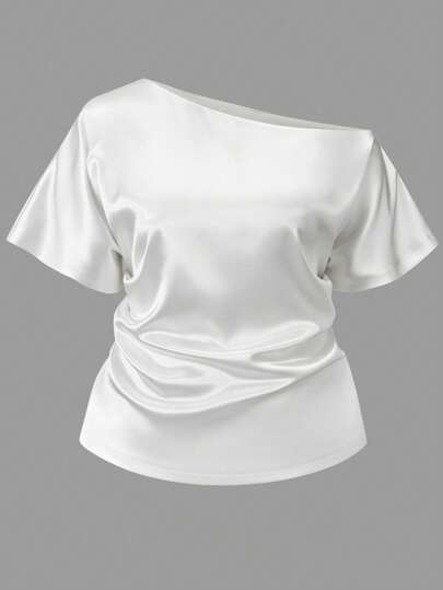 INAWLY Plus Size Women Elegant Asymmetrical Shoulder Short Sleeve Casual Shirt