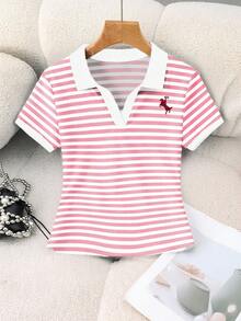 Rovax 女士休闲条纹撞色 Polo 领短袖上衣，夏季 - 粉色 - 查看 4
